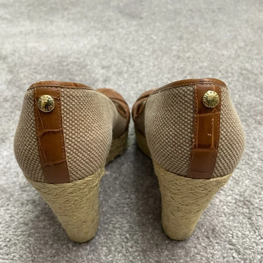 Micheal Michael Kors Peep Toe Espadrille Wedge Sandals Womens 9M Brown Slip On